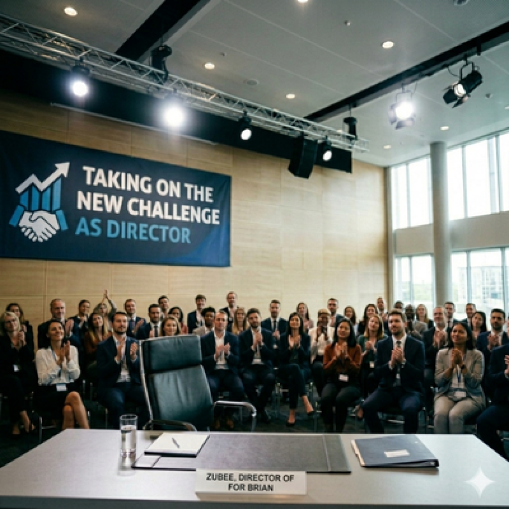 An AI image of people sitting in an office clapping. A desk is in front of them with a chair slightly turned. On the table is a folder and a notebook and pen. There is a small long strip card that reads Zubee, Director of For Brian in capital letters on a white background. Behind them on the wall is a banner that reads Taking on the new challenge as director with an image of a handshake.