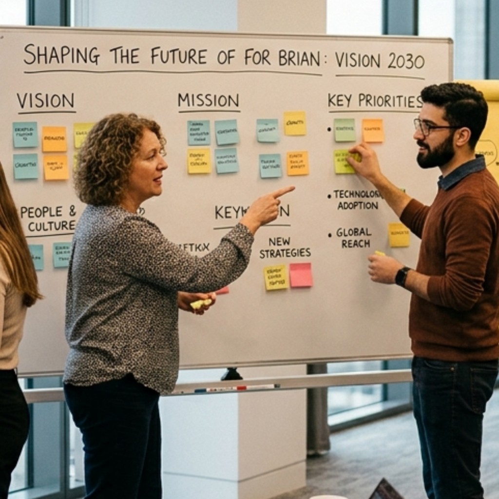 An AI image of an office scene showing two people collaborating on a strategic planning board titled "Shaping The Future Of For Brian: Vision 2030.

On the left, a woman with curly hair and a patterned grey shirt points toward the board while holding a yellow sticky note. On the right, a man with a beard, glasses, and a maroon sweater is placing a sticky note under the "Key Priorities" section.

The whiteboard is organised into categories including Vision, Mission, People & Culture, and Key Priorities, with bullet points for "Technology Adoption" and "Global Reach." Numerous colourful sticky notes are clustered across the board. Large windows in the background let in bright, natural light, creating a professional and focused atmosphere.