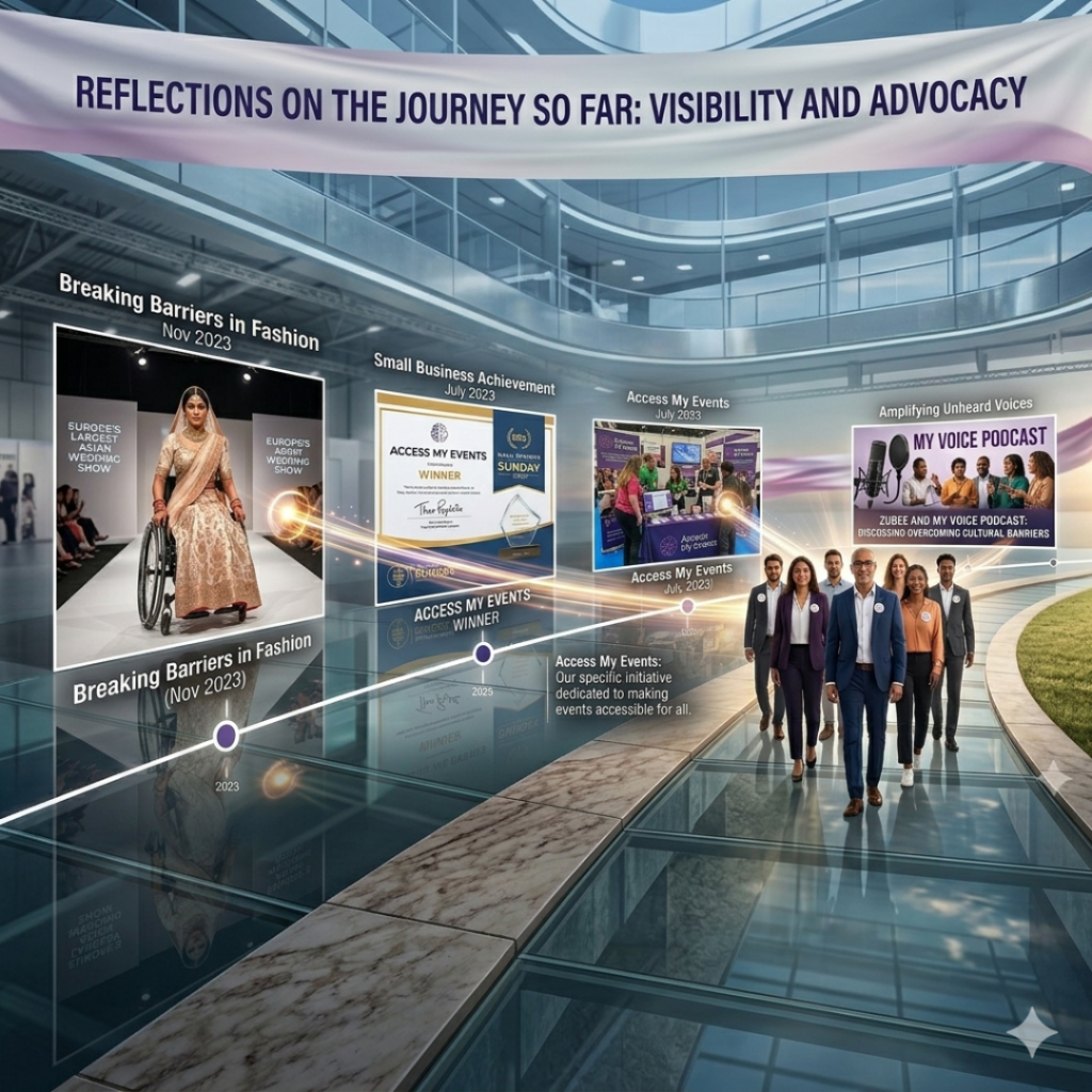 An AI infographic titled Reflections On The Journey So Far: Visibility And Advocacy set in a modern, glass-walled atrium. A curved timeline across the wall highlights four key milestones with floating images and text:

Breaking Barriers in Fashion (Nov 2023): Features a person in a wheelchair wearing a gold traditional South Asian outfit on a runway.

Small Business Achievement (July 2023): Displays an "Access My Events" winner certificate and trophy.

Access My Events (July 2023): Shows a group of people at a promotional booth for the initiative.

Amplifying Unheard Voices: Shows a group of people around a podcast microphone for "My Voice Podcast."

In the lower right, a diverse group of professionals in business attire walks forward confidently. The scene is bright and futuristic, symbolising progress and inclusivity.