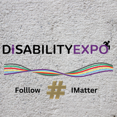Grey abstract background with the Disability Expo Logo. Disability in black font and Expo in purple font with different colour waves below. The words follow with a gold hashtag and the word Imatter below. Disability Expo Post