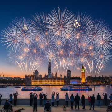 An AI generated image of a fireworks display with two wheelchair symbols over London, showing Big Ben. A crowd of people disabled and non-disabled watching from a distance as they welcome the  start of the New Year