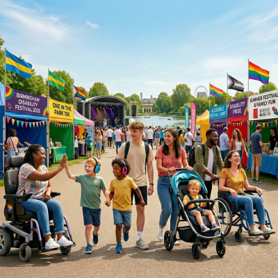 A vibrant photograph from July, showing a diverse group of friends and family with disabilities enjoying a sunny summer festival in a park. People using manual and electric wheelchairs are pictured laughing and high-fiving children, alongside people with a prosthetic leg and a buggy. The background features colourful stalls with clear, accessible signage, a live music stage and Pride flags.