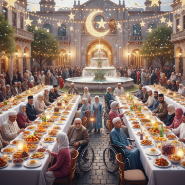 A large gathering of disabled people sitting in wheelchairs and non disabled sitting in front of 2 long tables on either side with a mix of men and women. There is a lot of food spread across both tables to represent Ramadan and Eid. Above them are lit up decorations of golden stars and moons going across with a  pool of water and a fountain  showing in the distance