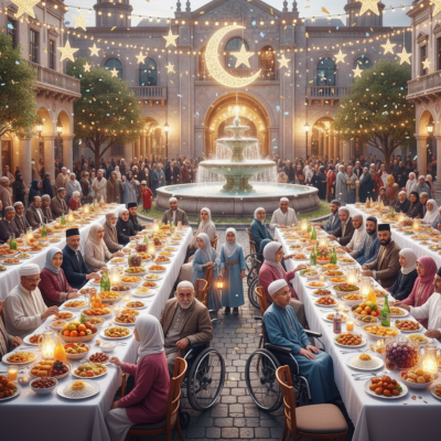 A large gathering of disabled people sitting in wheelchairs and non disabled sitting in front of 2 long tables on either side with a mix of men and women. There is a lot of food spread across both tables to represent Ramadan and Eid. Above them are lit up decorations of golden stars and moons going across with a  pool of water and a fountain  showing in the distance