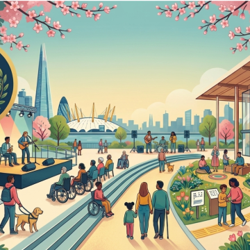 A vibrant, colourful  illustration of an inclusive outdoor festival in London during May. The scene features a diverse group of people, including wheelchair users, individuals with service dogs, and people of various ages and ethnicities, enjoying accessible events. On the left, musicians perform on an accessible stage with a wheelchair lift. In the centre, paths with tactile paving lead towards a garden with braille signage and a multi-sensory art installation. The London skyline, including the Shard and the O2 Arena, is visible in the background under blooming cherry blossoms and magnolia trees. An emblem on the top left shows a diverse group of faces within a laurel wreath and crown.