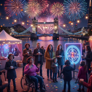 Night atmosphere with London lit up with a colourful fireworks display above Tower Bridge and the River Thames. Images of people standing and a wheelchair user sitting facing in front with the fireworks behind them. There is a stall in the background and a board with numbers lit up on it.
