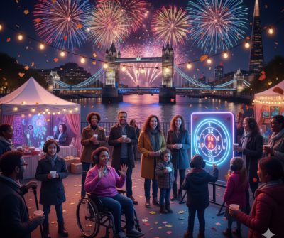 Night atmosphere with London lit up with a colourful fireworks display above Tower Bridge and the River Thames. Images of people standing and a wheelchair user sitting facing in front with the fireworks behind them. There is a stall in the background and a board with numbers lit up on it. Night atmosphere with London lit up with a colourful fireworks display above Tower Bridge and the River Thames. Images of people standing and a wheelchair user sitting facing in front with the fireworks behind them. There is a stall in the background and a board with numbers lit up on it.