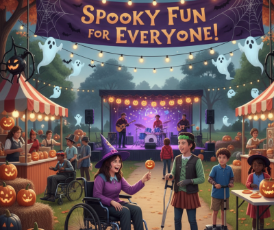 Cartoon Halloween theme and outdoor event with music and performances on stage surrounded by stalls and pumpkins