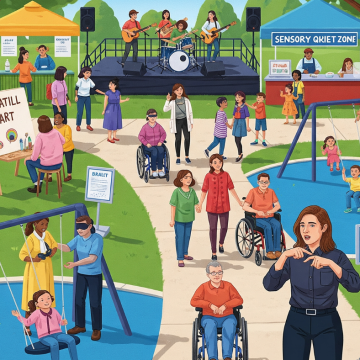 Blog post cover showing both disabled and non- disabled adults and children doing different activities. It shows a music band playing on stage, art, children on swings and a quiet zone.