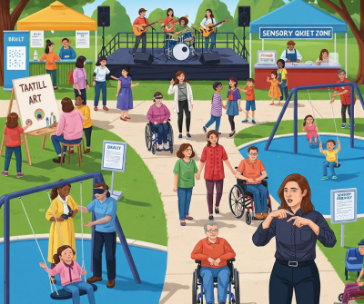Blog post cover showing both disabled and non- disabled adults and children doing different activities. It shows a music band playing on stage, art, children on swings and a quiet zone.