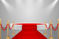 Spotlights and white round stage podium with red carpet. Vector realistic illustration. Red carpet event design element.