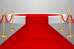 Spotlights and white round stage podium with red carpet. Vector realistic illustration. Red carpet event design element.