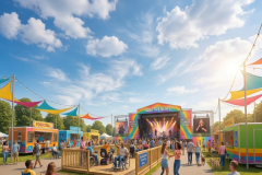 An outdoor music festival scene at "Adaptive Beats" featuring an accessible wooden viewing platform for wheelchair users, festival-goers dancing and walking with guide dogs, food stalls, and a main stage with a live band and a sign language interpreter on a large screen.