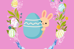 Pink background with an image of a rabbit holding an egg representing Easter with a garland of different colour easter eggs around it.