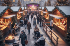 Winter scene at an open-air Christmas market, surrounded by light decorations and Christmas trees. There is a mix of wheelchair users and non disabled people walking around. In the distance is a stage with people performing and lights reflecting on stage. There is a ramp leading up to a stall with a customer standing in front, and the stall keeper is behind the counter selling his products.