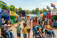 A vibrant photograph from July, showing a diverse group of friends and family with disabilities enjoying a sunny summer festival in a park. People using manual and electric wheelchairs are pictured laughing and high-fiving children, alongside people with a prosthetic leg and a buggy. The background features colourful stalls with clear, accessible signage, a live music stage and Pride flags.