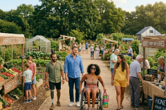 A sunny, vibrant community garden market with a wide dirt path down the centre. In the foreground, four smiling friends walk together: a woman using a wheelchair, a woman in a yellow top, a man in a blue shirt, and a man with a prosthetic leg carrying a woven basket.  The path is lined with lush plant beds and wooden market stalls. On the left, a "FARM-TO-TABLE" stall displays fresh vegetables, while a "HONEY FROM OUR HIVES" stall on the right showcases jars of honey. Other visitors browse the stalls and stroll through the garden under a bright blue sky.