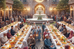A large gathering of disabled people sitting in wheelchairs and non disabled sitting in front of 2 long tables on either side with a mix of men and women. There is a lot of food spread across both tables to represent Ramadan and Eid. Above them are lit up decorations of golden stars and moons going across with a  pool of water and a fountain  showing in the distance