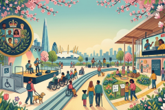 A vibrant, colourful  illustration of an inclusive outdoor festival in London during May. The scene features a diverse group of people, including wheelchair users, individuals with service dogs, and people of various ages and ethnicities, enjoying accessible events. On the left, musicians perform on an accessible stage with a wheelchair lift. In the centre, paths with tactile paving lead towards a garden with braille signage and a multi-sensory art installation. The London skyline, including the Shard and the O2 Arena, is visible in the background under blooming cherry blossoms and magnolia trees. An emblem on the top left shows a diverse group of faces within a laurel wreath and crown.