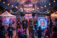 Night atmosphere with London lit up with a colourful fireworks display above Tower Bridge and the River Thames. Images of people standing and a wheelchair user sitting facing in front with the fireworks behind them. There is a stall in the background and a board with numbers lit up on it.