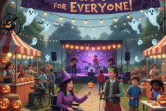 Cartoon Halloween theme and outdoor event with music and performances on stage surrounded by stalls and pumpkins
