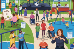 Blog post cover showing both disabled and non- disabled adults and children doing different activities. It shows a music band playing on stage, art, children on swings and a quiet zone.