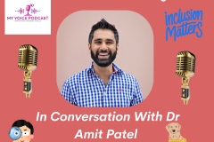 Podcast episode cover in a dark peach colour background. The title reads Transforming sight loss into a platform for change. In centre is an image of our guest Dr Amit Patel. He's South Asian with a beard, wearing a blue and white collared check shirt and is looking in front, smiling. Below the image it says in conversation with Dr Amit Patel, with a cartoon image of a dog on the right and another cartoon image of a doctor on the left. On the top right, it says inclusion matters and a podcast microphone below it. On the top left it has the podcast logo with a podcast microphone below it.