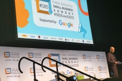 Below the TV screen a small SBS logo that says Theo Paphitis Small Business Sunday supported by Google with their logo on a white background.